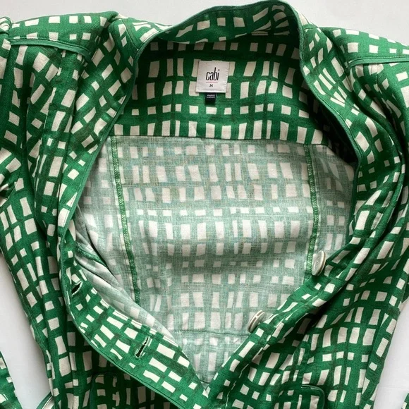 CAbi Green and White Checkered Jacket Tie Waist Shoulder Pads Medium - Picture 5 of 7